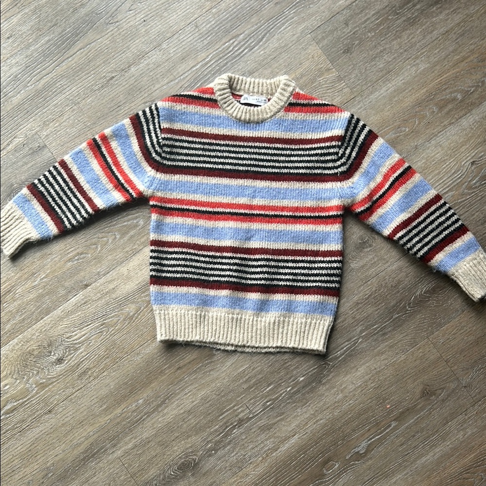 Red and Blue Crewneck Sweater with Striped Pattern
